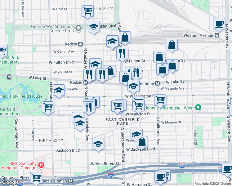 map of restaurants, bars, coffee shops, grocery stores, and more near 3024 West Washington Boulevard in Chicago