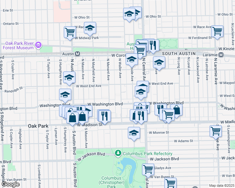 map of restaurants, bars, coffee shops, grocery stores, and more near 125 North Waller Avenue in Chicago
