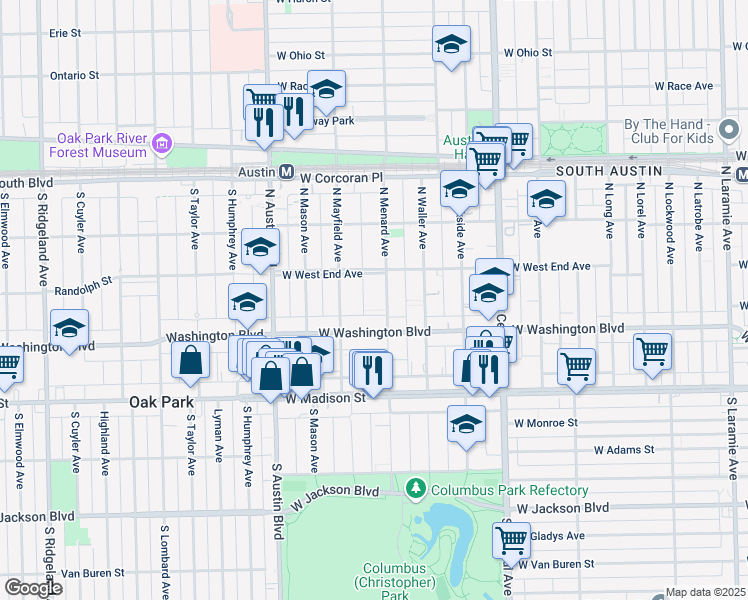 map of restaurants, bars, coffee shops, grocery stores, and more near 135 North Mayfield Avenue in Chicago