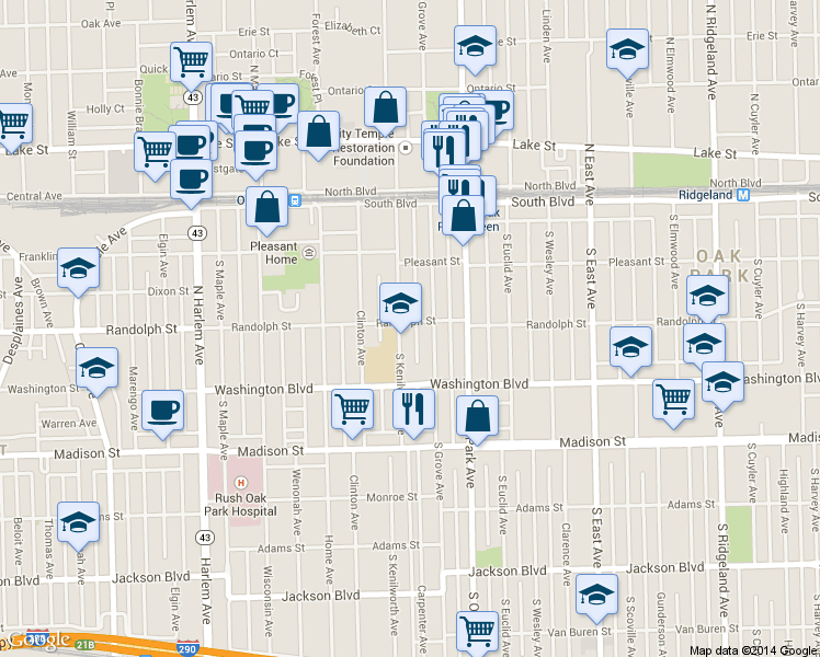 map of restaurants, bars, coffee shops, grocery stores, and more near 304 South Kenilworth Avenue in Oak Park