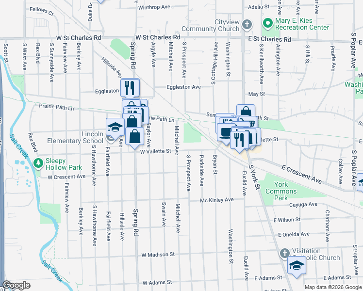 map of restaurants, bars, coffee shops, grocery stores, and more near 203 West Vallette Street in Elmhurst