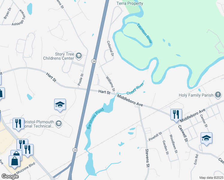 map of restaurants, bars, coffee shops, grocery stores, and more near 275 Williams Street in Taunton