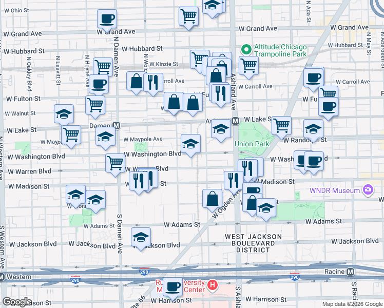 map of restaurants, bars, coffee shops, grocery stores, and more near 97 North Hermitage Avenue in Chicago