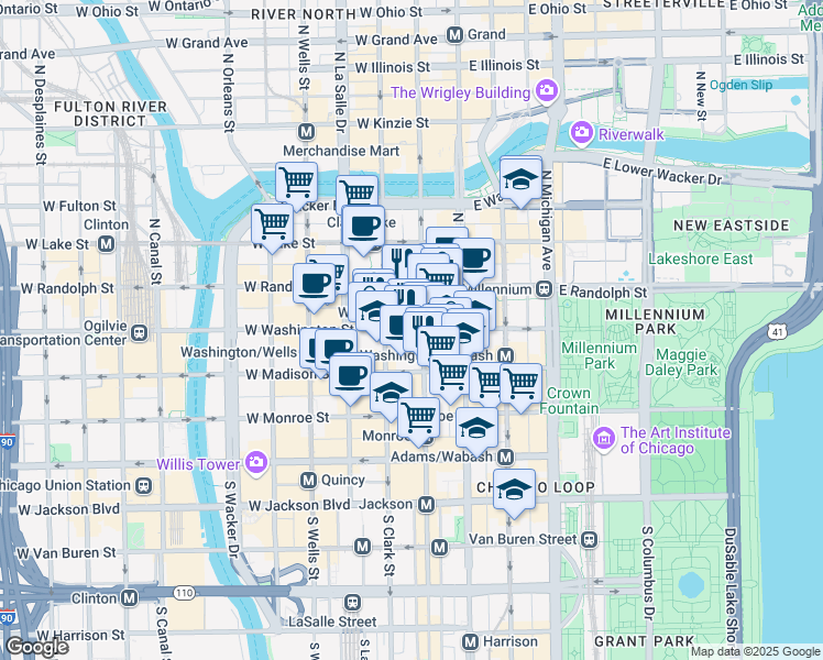 map of restaurants, bars, coffee shops, grocery stores, and more near 69 West Washington Street in Chicago