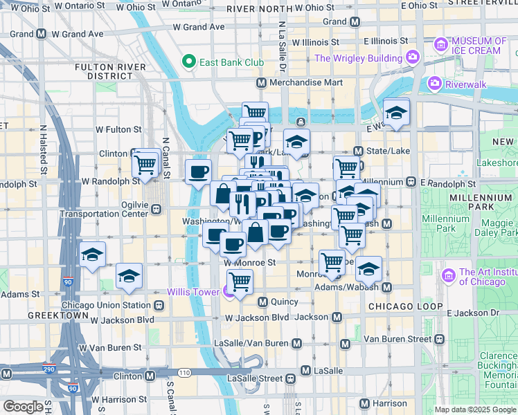 map of restaurants, bars, coffee shops, grocery stores, and more near 215 West Washington Street in Chicago