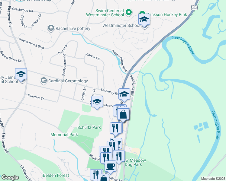 map of restaurants, bars, coffee shops, grocery stores, and more near 8 Seminary Road in Simsbury