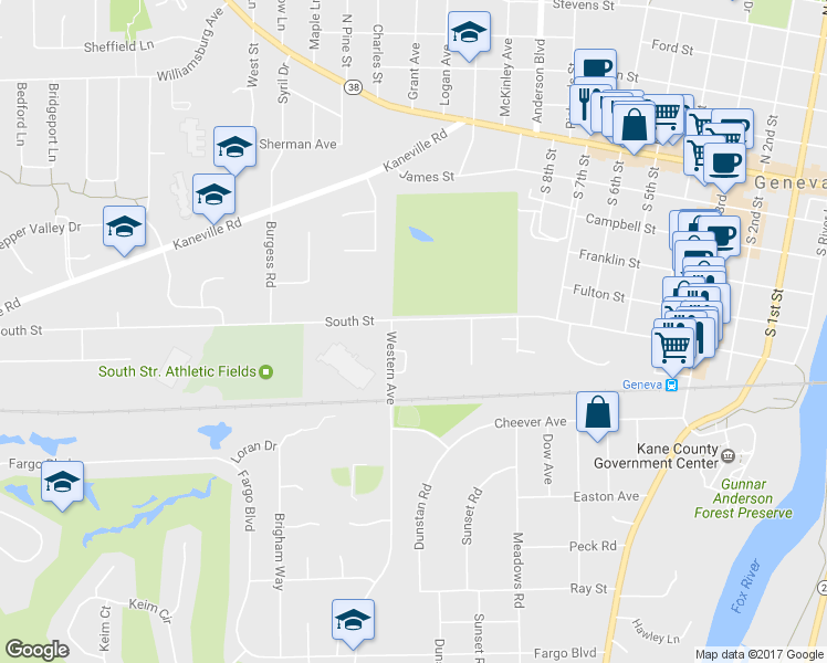 map of restaurants, bars, coffee shops, grocery stores, and more near 1240 South Street in Geneva