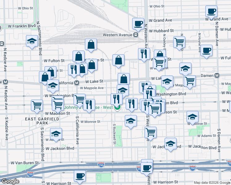 map of restaurants, bars, coffee shops, grocery stores, and more near 2562 West Washington Boulevard in Chicago