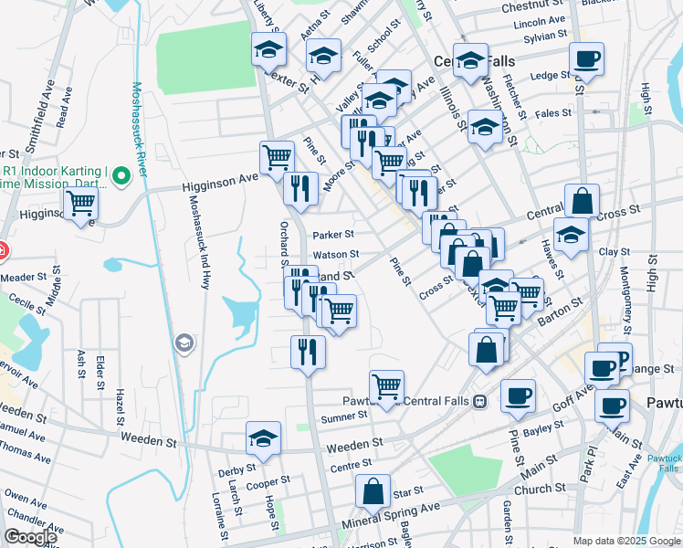 map of restaurants, bars, coffee shops, grocery stores, and more near 275 Rand Street in Central Falls