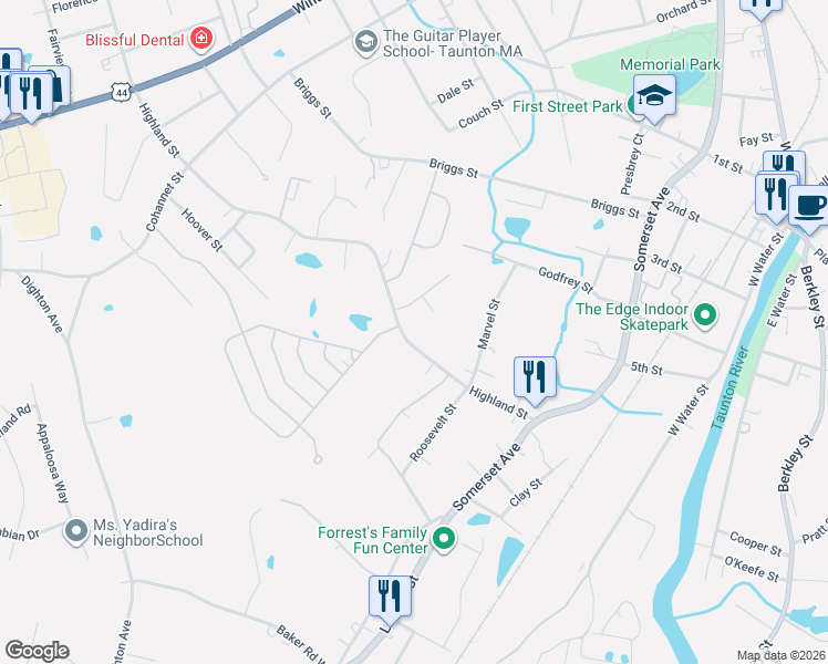 map of restaurants, bars, coffee shops, grocery stores, and more near 48 Highland Street in Taunton
