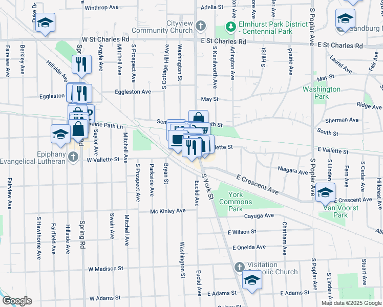 map of restaurants, bars, coffee shops, grocery stores, and more near 104 West Vallette Street in Elmhurst