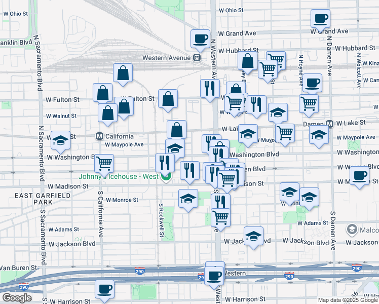 map of restaurants, bars, coffee shops, grocery stores, and more near 2500 West Washington Boulevard in Chicago