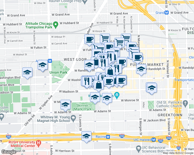 map of restaurants, bars, coffee shops, grocery stores, and more near 1243 West Washington Boulevard in Chicago
