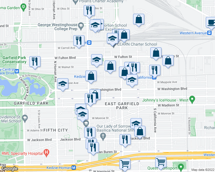 map of restaurants, bars, coffee shops, grocery stores, and more near 3054 West Washington Boulevard in Chicago