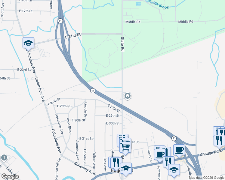 map of restaurants, bars, coffee shops, grocery stores, and more near 1804 East 26th Street in Ashtabula