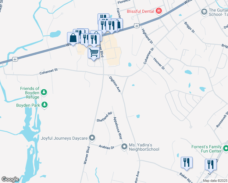 map of restaurants, bars, coffee shops, grocery stores, and more near 89 Dighton Avenue in Taunton