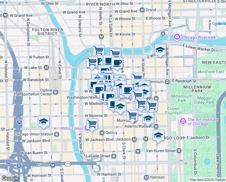 map of restaurants, bars, coffee shops, grocery stores, and more near 144 West Washington Street in Chicago