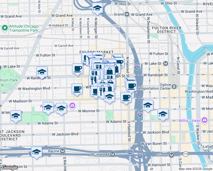 map of restaurants, bars, coffee shops, grocery stores, and more near 43 North Morgan Street in Chicago
