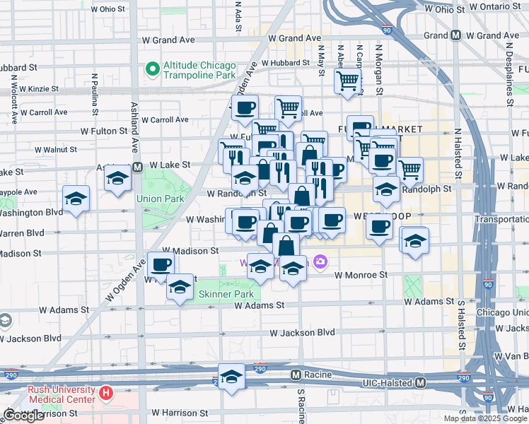 map of restaurants, bars, coffee shops, grocery stores, and more near 1243 West Washington Boulevard in Chicago