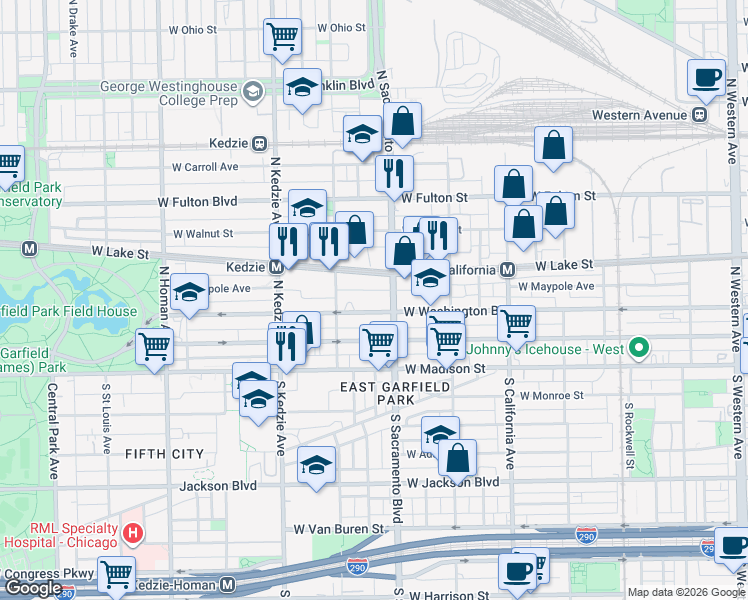 map of restaurants, bars, coffee shops, grocery stores, and more near 3024 West Washington Boulevard in Chicago