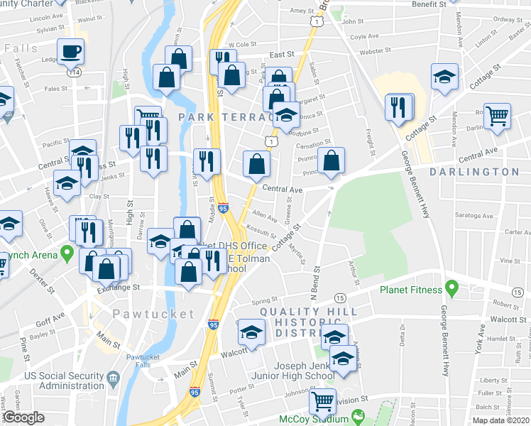 map of restaurants, bars, coffee shops, grocery stores, and more near 24 Allen Avenue in Pawtucket