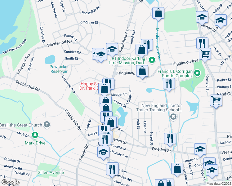 map of restaurants, bars, coffee shops, grocery stores, and more near 11 Meader Street in Lincoln