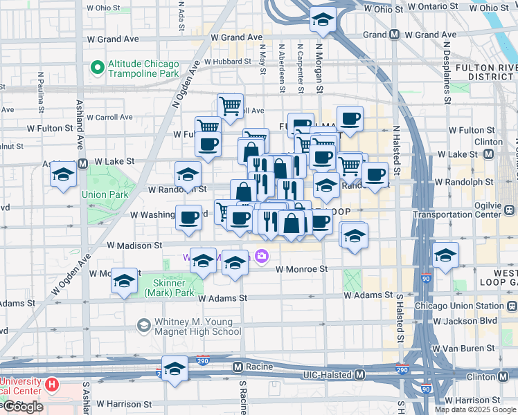 map of restaurants, bars, coffee shops, grocery stores, and more near 1123 West Washington Boulevard in Chicago