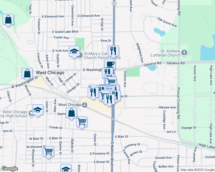 map of restaurants, bars, coffee shops, grocery stores, and more near 511 Colford Avenue in West Chicago