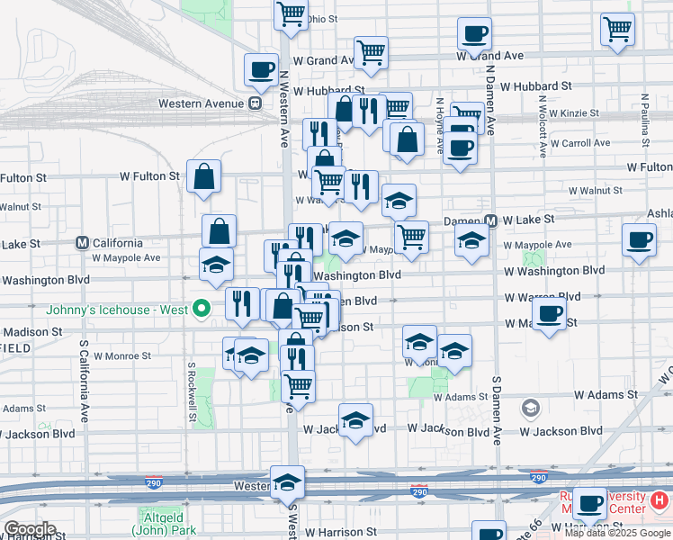 map of restaurants, bars, coffee shops, grocery stores, and more near 2312 West Washington Boulevard in Chicago