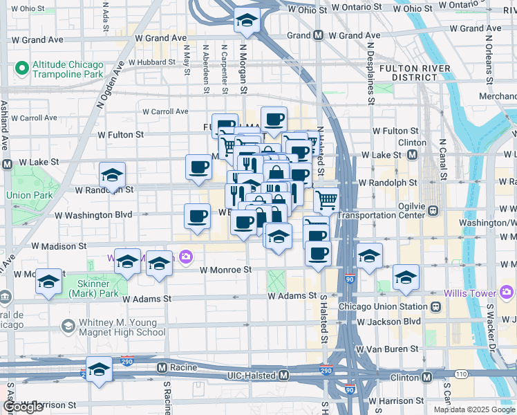 map of restaurants, bars, coffee shops, grocery stores, and more near 936 West Washington Boulevard in Chicago