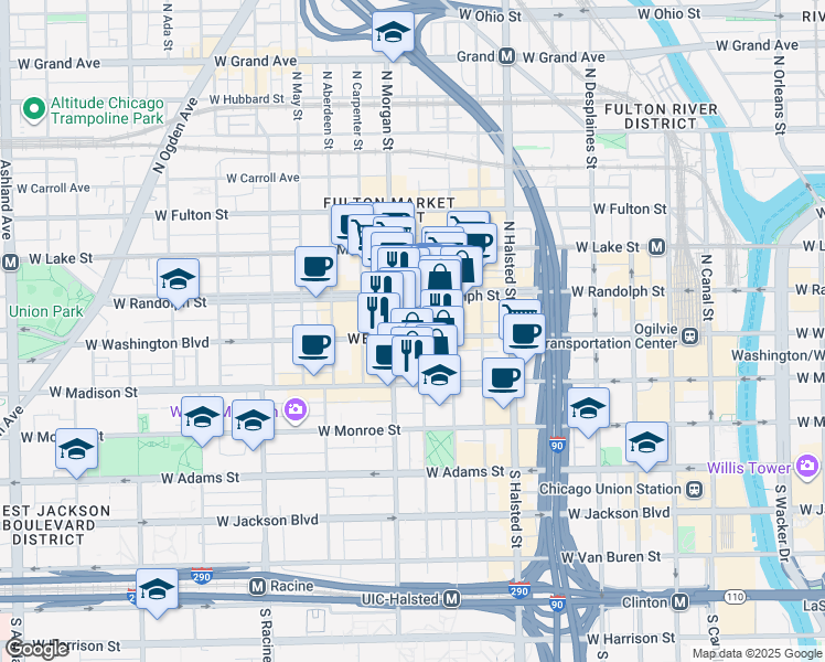 map of restaurants, bars, coffee shops, grocery stores, and more near 932 West Washington Boulevard in Chicago