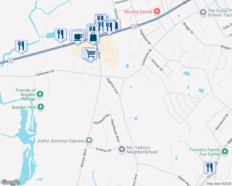 map of restaurants, bars, coffee shops, grocery stores, and more near 89 Dighton Avenue in Taunton