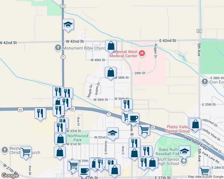 map of restaurants, bars, coffee shops, grocery stores, and more near 3601-3665 Ave D in Scottsbluff