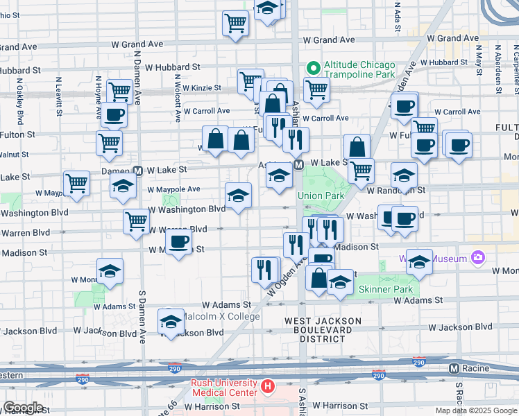 map of restaurants, bars, coffee shops, grocery stores, and more near N Paulina St & W Washington Blvd in Chicago