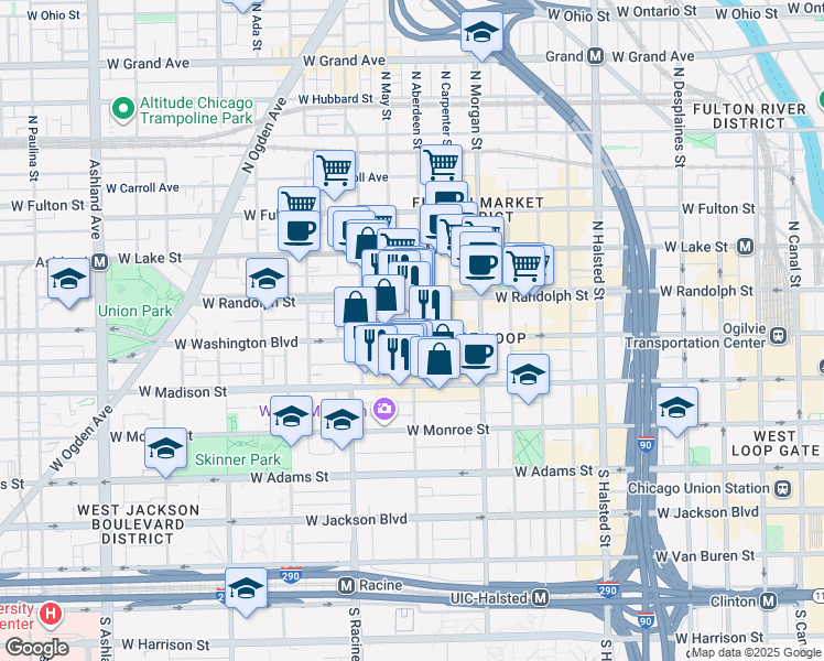 map of restaurants, bars, coffee shops, grocery stores, and more near 1123 West Washington Boulevard in Chicago