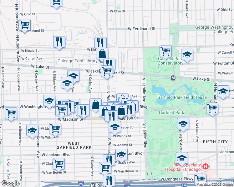 map of restaurants, bars, coffee shops, grocery stores, and more near 3738 West West End Avenue in Chicago