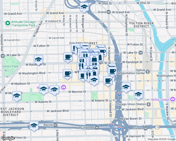 map of restaurants, bars, coffee shops, grocery stores, and more near 942 West Washington Boulevard in Chicago
