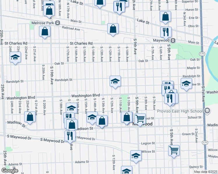 map of restaurants, bars, coffee shops, grocery stores, and more near 424 South 12th Avenue in Maywood
