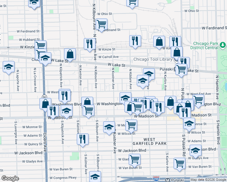 map of restaurants, bars, coffee shops, grocery stores, and more near N Kostner Ave & W West End Ave in Chicago