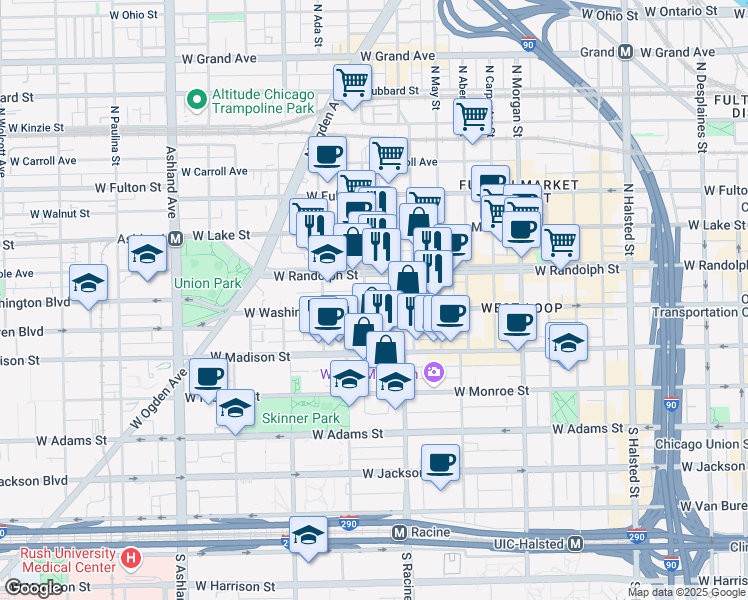 map of restaurants, bars, coffee shops, grocery stores, and more near 1243 West Washington Boulevard in Chicago