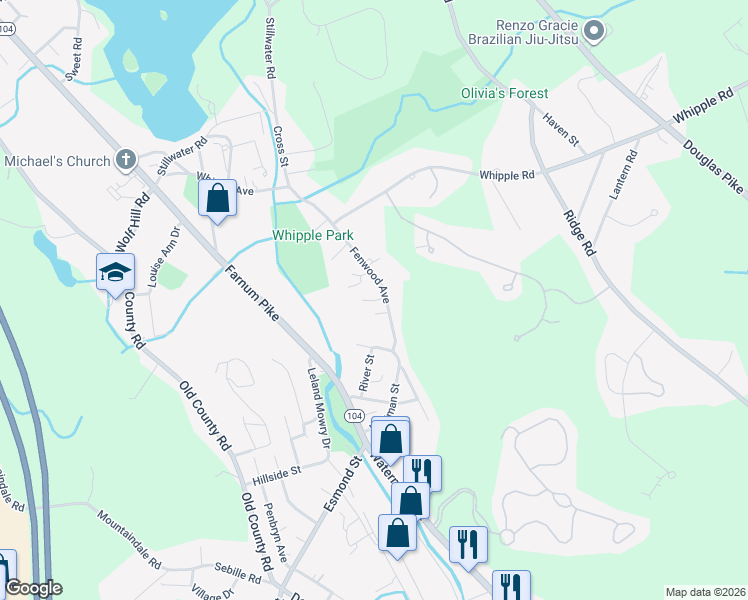 map of restaurants, bars, coffee shops, grocery stores, and more near Talcott Street in Smithfield