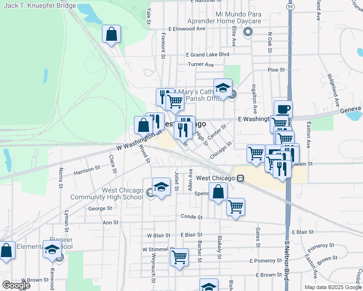 map of restaurants, bars, coffee shops, grocery stores, and more near 209 Turner Court in West Chicago