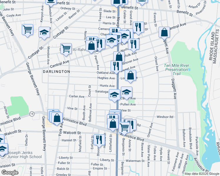 map of restaurants, bars, coffee shops, grocery stores, and more near 234 Saratoga Avenue in Pawtucket