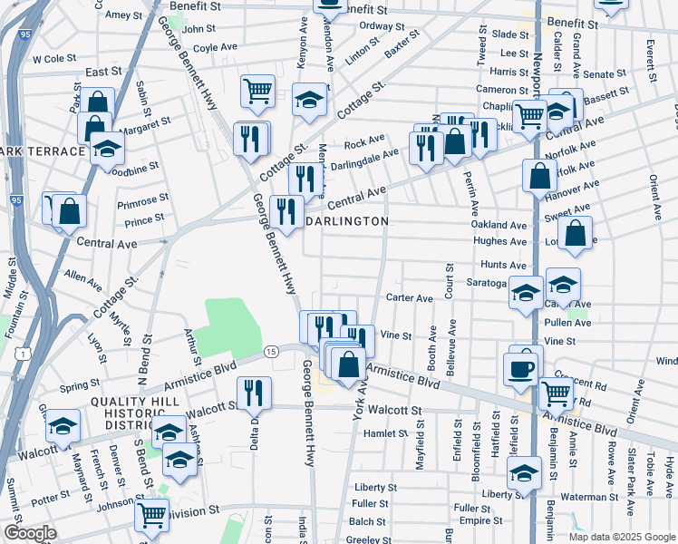 map of restaurants, bars, coffee shops, grocery stores, and more near 3 Saratoga Avenue in Pawtucket
