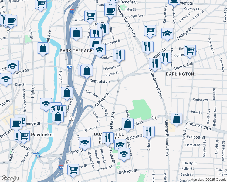map of restaurants, bars, coffee shops, grocery stores, and more near 203 Cottage Street in Pawtucket
