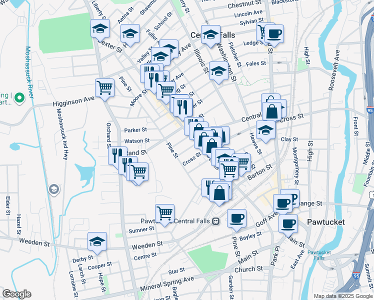map of restaurants, bars, coffee shops, grocery stores, and more near 203 Cross Street in Central Falls