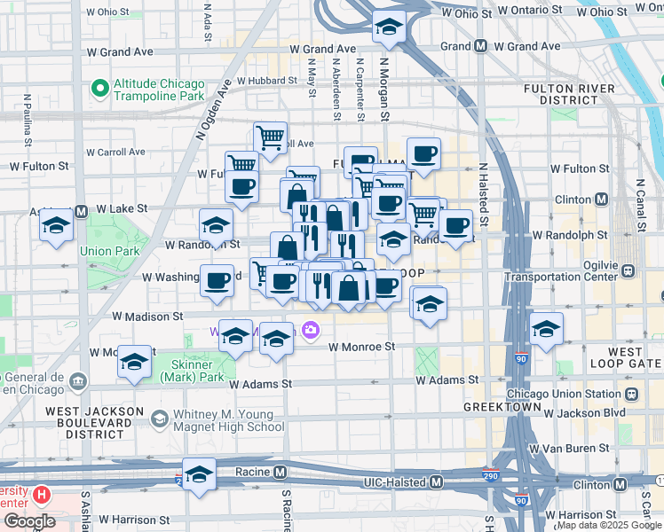map of restaurants, bars, coffee shops, grocery stores, and more near 1123 West Washington Boulevard in Chicago
