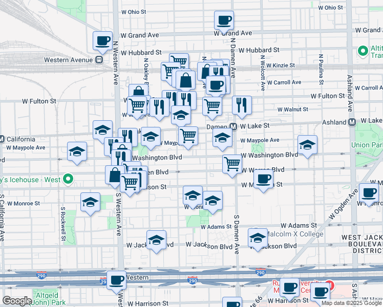 map of restaurants, bars, coffee shops, grocery stores, and more near 2147 West Washington Boulevard in Chicago