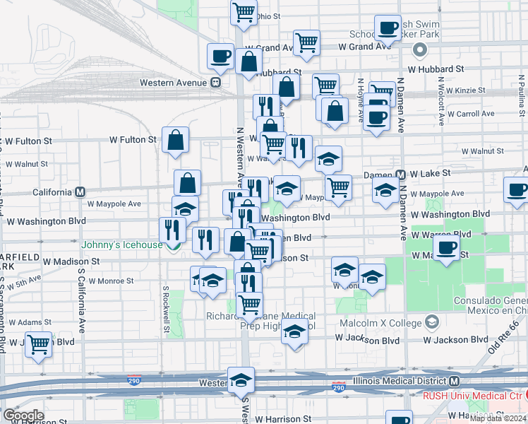 map of restaurants, bars, coffee shops, grocery stores, and more near 2337 West Washington Boulevard in Chicago