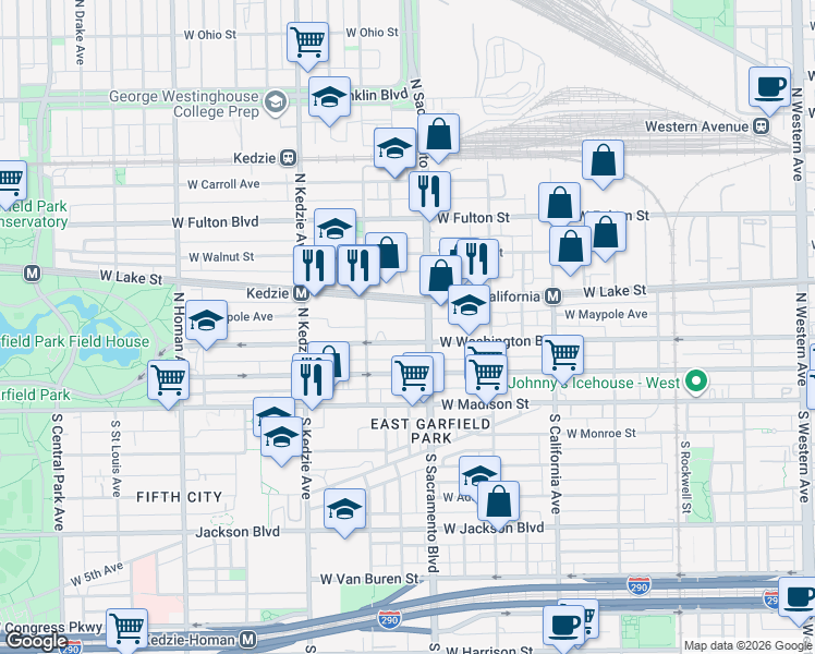 map of restaurants, bars, coffee shops, grocery stores, and more near 3024 West Washington Boulevard in Chicago